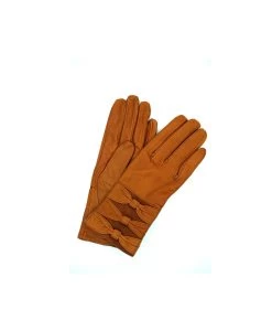 1751 Kid Leather Gloves Cashmere Lined 3 Bow Cognac