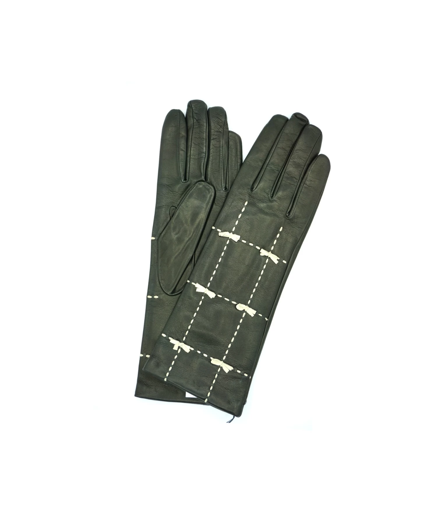 5021 Kid Leather Cashmere Lined Medium Length Brown-White 3 5021 Kid Leather Cashmere Lined Medium Length Brown-White