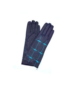 5021 Kid Leather Cashmere Lined Medium Length Dark Blue-Tourcoise